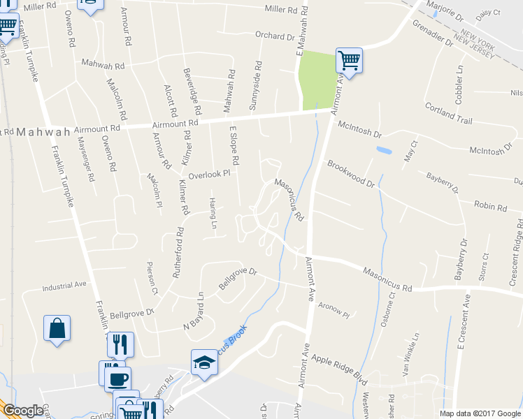 map of restaurants, bars, coffee shops, grocery stores, and more near 1299 Paddington Road in Mahwah