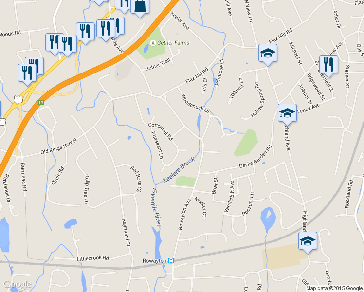 map of restaurants, bars, coffee shops, grocery stores, and more near 2 Finch Court in Norwalk