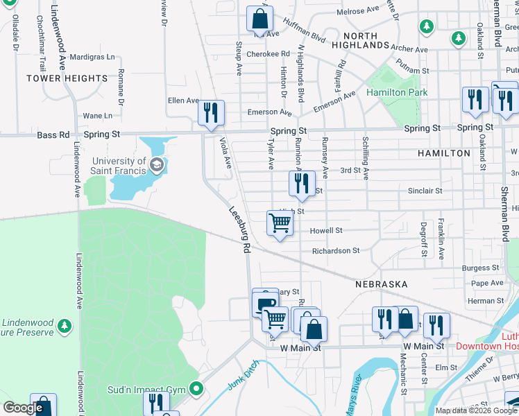 map of restaurants, bars, coffee shops, grocery stores, and more near 1920 High Street in Fort Wayne