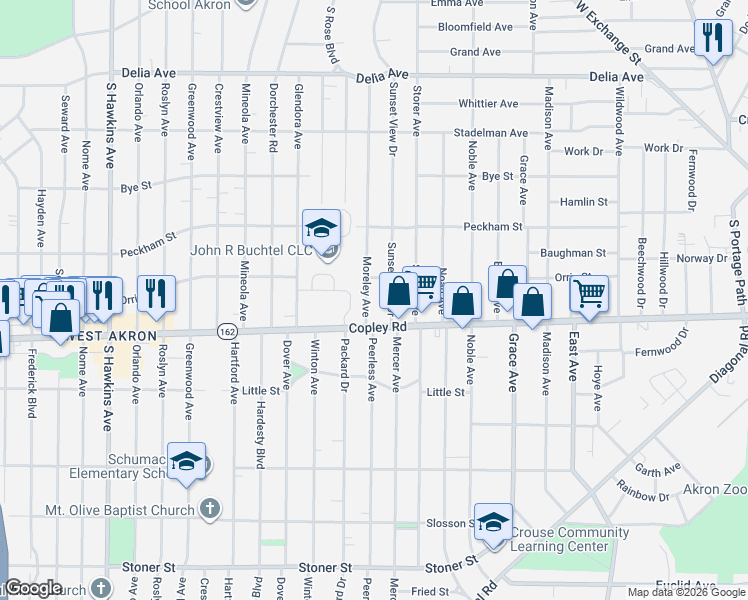 map of restaurants, bars, coffee shops, grocery stores, and more near 691 Moreley Ave in Akron