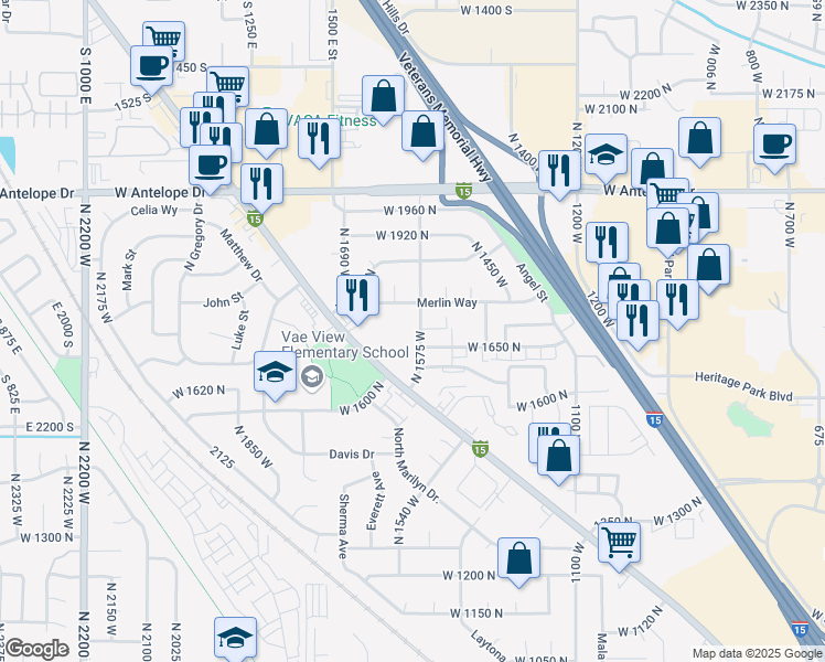 map of restaurants, bars, coffee shops, grocery stores, and more near 1681 North 1575 West in Layton