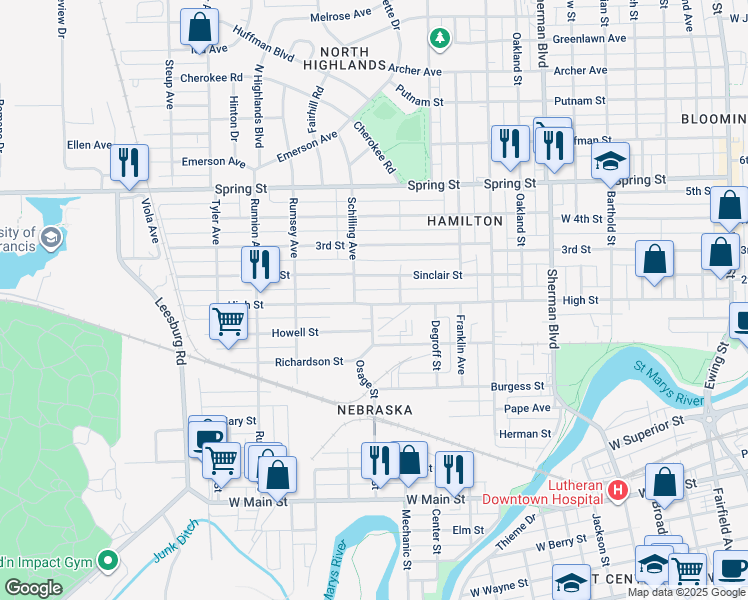 map of restaurants, bars, coffee shops, grocery stores, and more near 1428 High Street in Fort Wayne