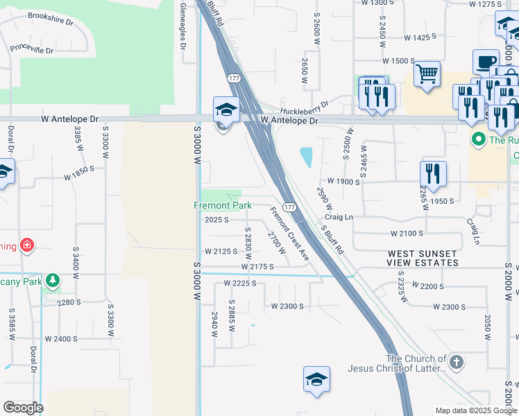 map of restaurants, bars, coffee shops, grocery stores, and more near 2799 1975 South in Syracuse