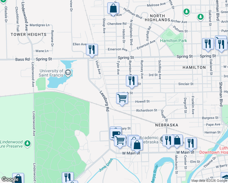 map of restaurants, bars, coffee shops, grocery stores, and more near 1920 High Street in Fort Wayne