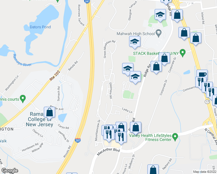 map of restaurants, bars, coffee shops, grocery stores, and more near 570 Glasmere Road in Mahwah