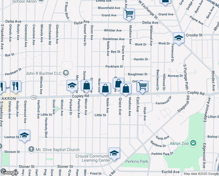 map of restaurants, bars, coffee shops, grocery stores, and more near 455 Noble Avenue in Akron