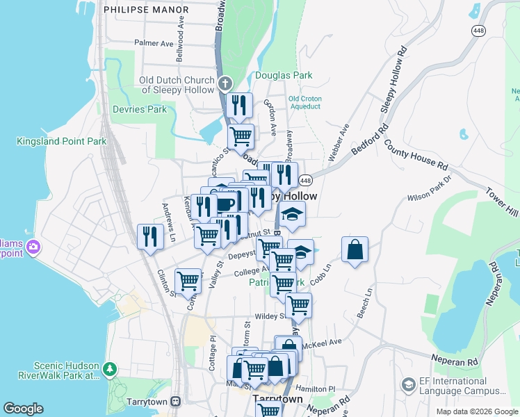 map of restaurants, bars, coffee shops, grocery stores, and more near Beekman Avenue & Lawrence Avenue in Tarrytown