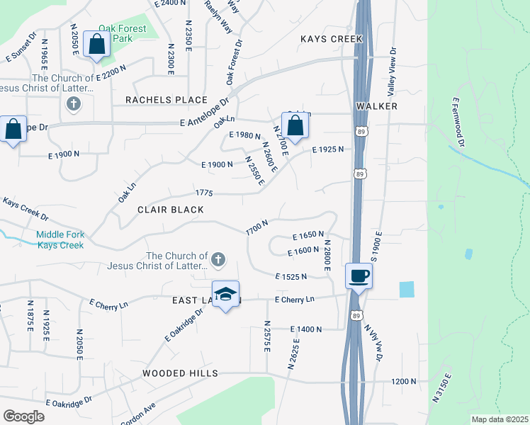 map of restaurants, bars, coffee shops, grocery stores, and more near 1710 North 2625 East in Layton