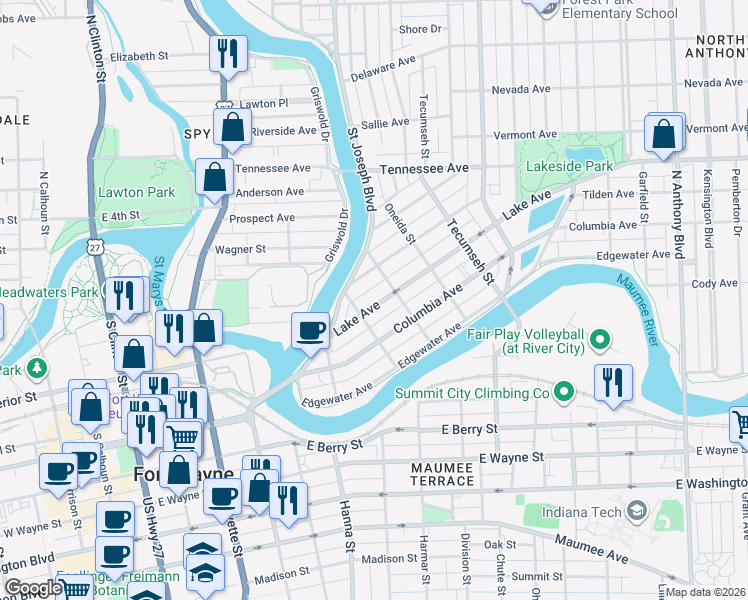 map of restaurants, bars, coffee shops, grocery stores, and more near 919 Lake Avenue in Fort Wayne