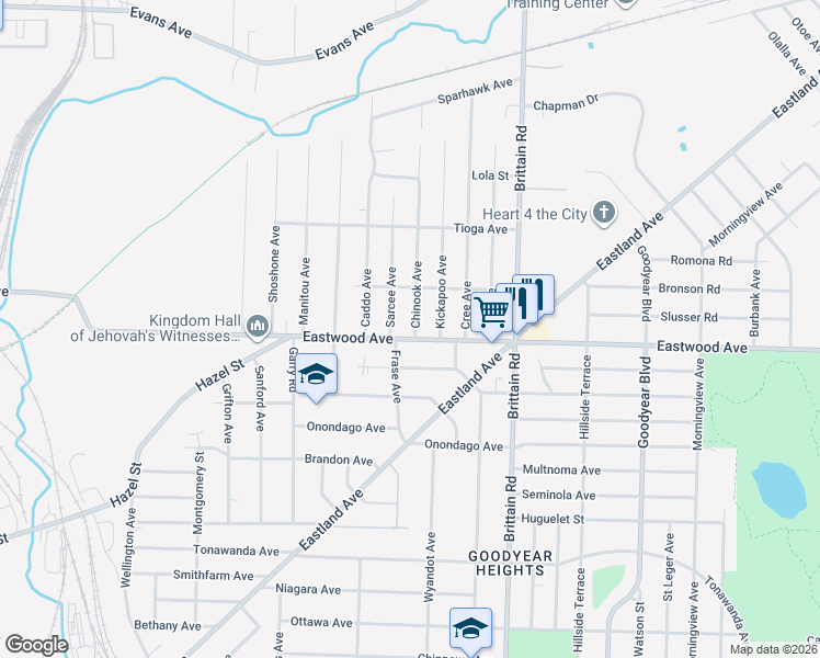 map of restaurants, bars, coffee shops, grocery stores, and more near 1325 Eastwood Avenue in Akron