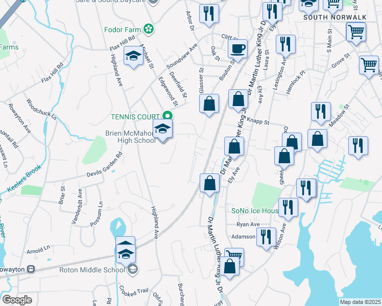 map of restaurants, bars, coffee shops, grocery stores, and more near 172 Bouton Street in Norwalk