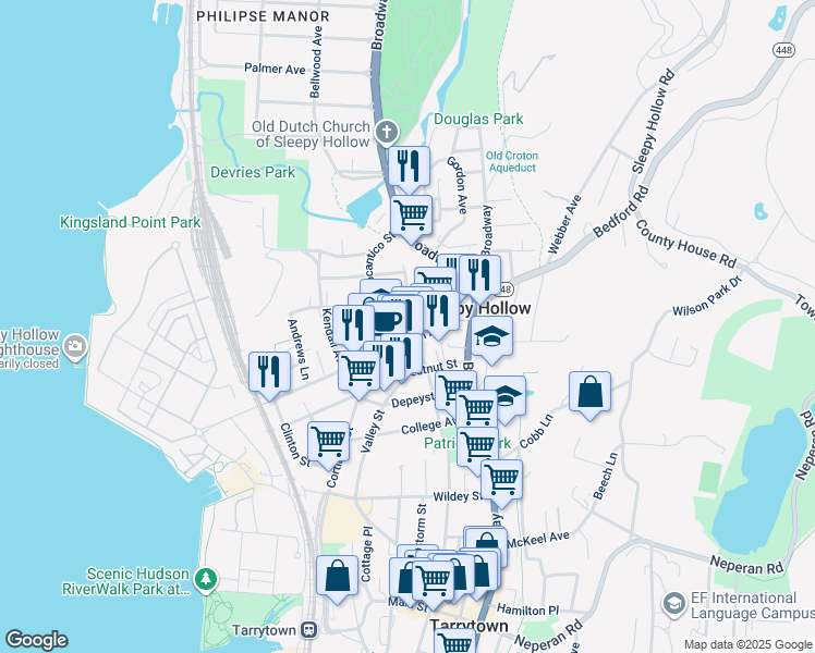 map of restaurants, bars, coffee shops, grocery stores, and more near 251 North Washington Street in Sleepy Hollow