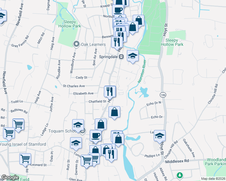 map of restaurants, bars, coffee shops, grocery stores, and more near 760 Hope Street in Stamford