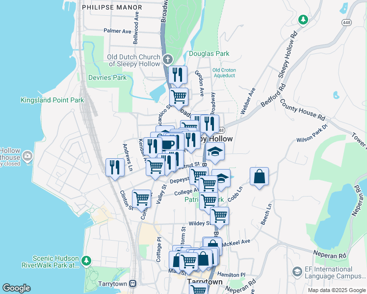 map of restaurants, bars, coffee shops, grocery stores, and more near 34 Beekman Avenue in Sleepy Hollow