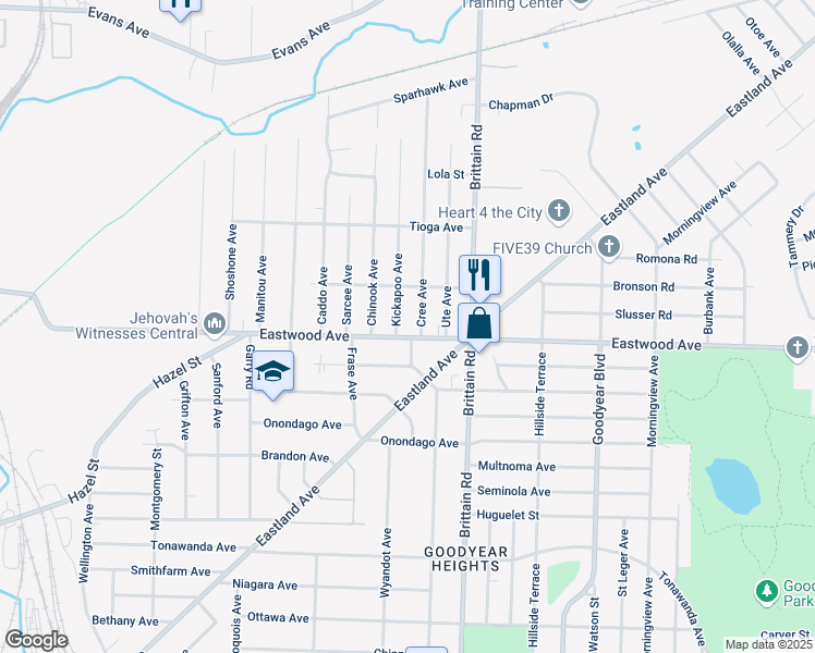 map of restaurants, bars, coffee shops, grocery stores, and more near 1369 Eastwood Avenue in Akron