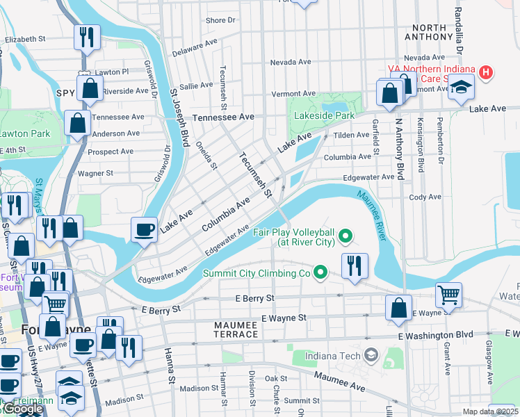 map of restaurants, bars, coffee shops, grocery stores, and more near 1121 Edgewater Avenue in Fort Wayne