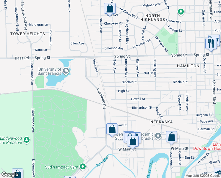 map of restaurants, bars, coffee shops, grocery stores, and more near 1920 High Street in Fort Wayne