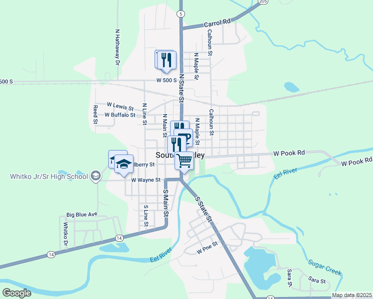 map of restaurants, bars, coffee shops, grocery stores, and more near in South Whitley