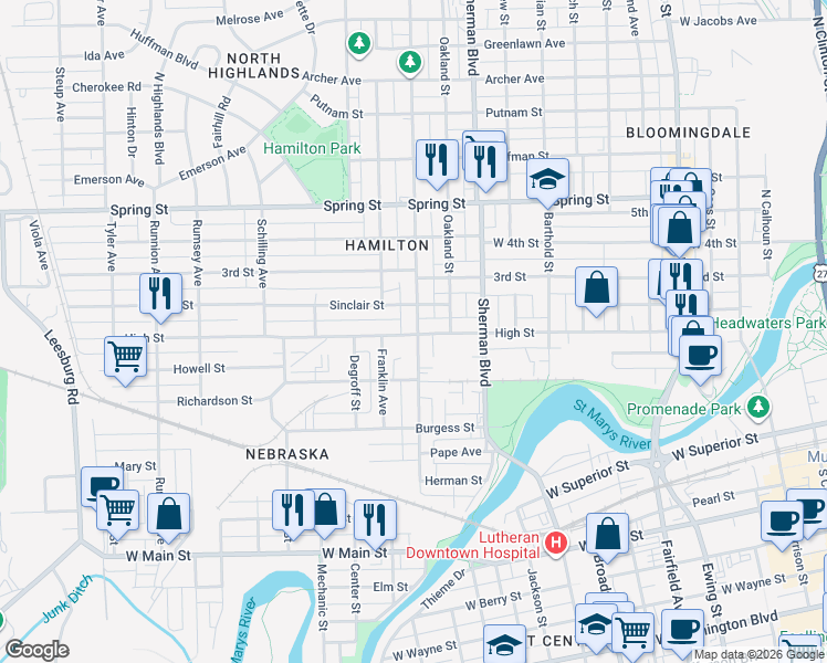 map of restaurants, bars, coffee shops, grocery stores, and more near 1201 Saint Marys Avenue in Fort Wayne