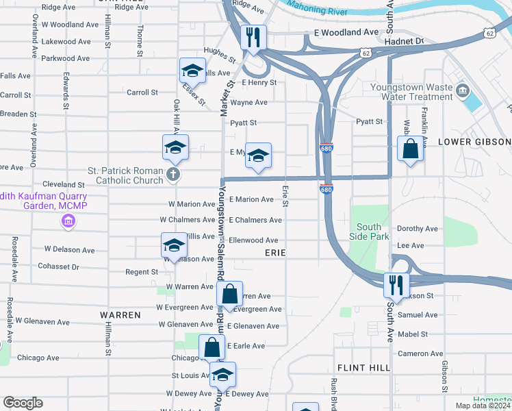 map of restaurants, bars, coffee shops, grocery stores, and more near 53 East Marion Avenue in Youngstown