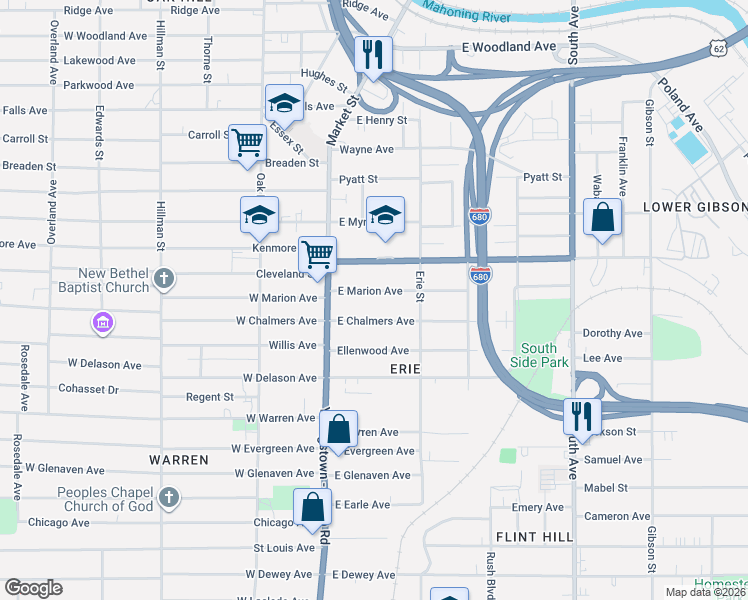 map of restaurants, bars, coffee shops, grocery stores, and more near 47 East Marion Avenue in Youngstown