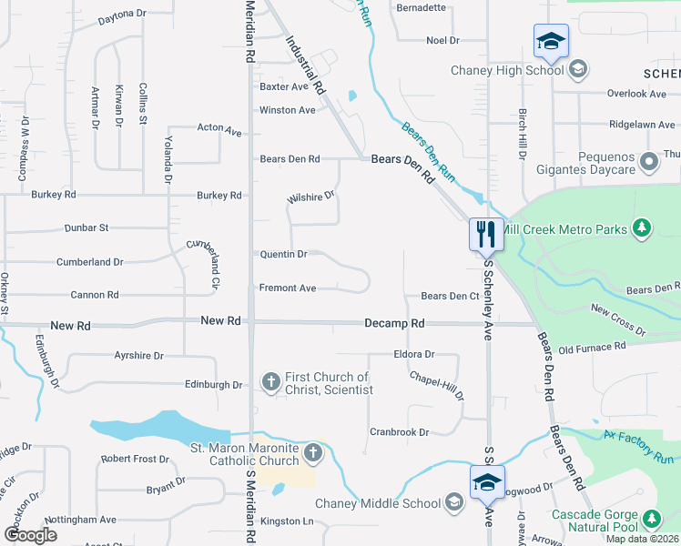 map of restaurants, bars, coffee shops, grocery stores, and more near 3302 Fremont Avenue in Youngstown