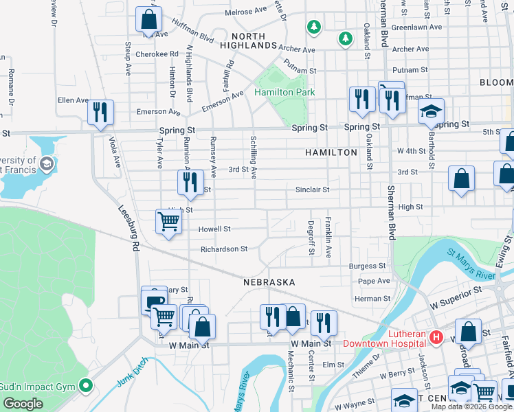 map of restaurants, bars, coffee shops, grocery stores, and more near 1434 High Street in Fort Wayne