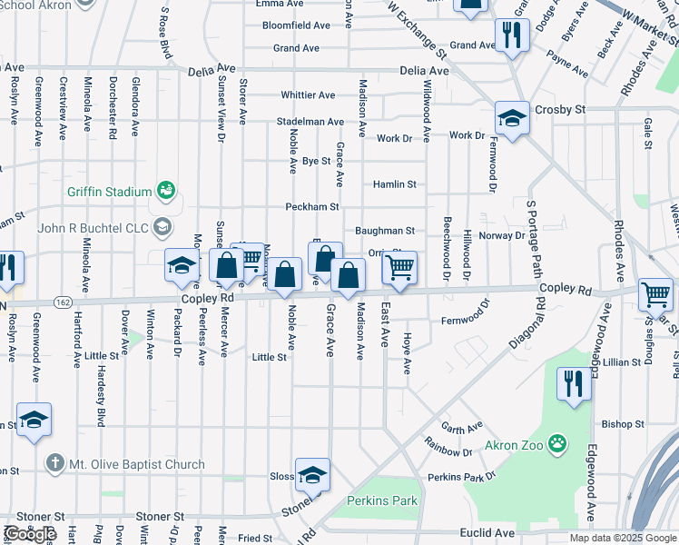map of restaurants, bars, coffee shops, grocery stores, and more near 456 Grace Avenue in Akron