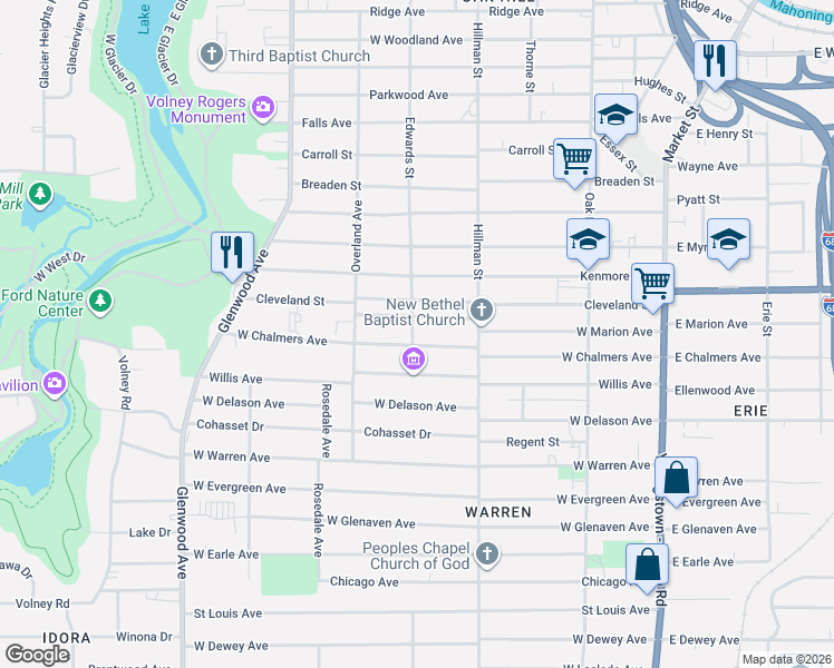 map of restaurants, bars, coffee shops, grocery stores, and more near 412 West Chalmers Avenue in Youngstown