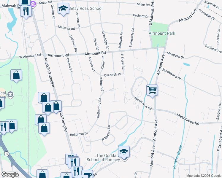 map of restaurants, bars, coffee shops, grocery stores, and more near 166 Rutherford Road in Mahwah