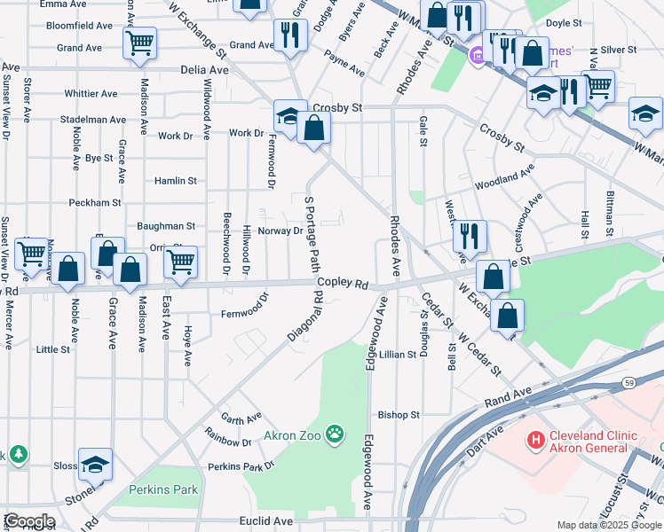 map of restaurants, bars, coffee shops, grocery stores, and more near 550 Copley Road in Akron