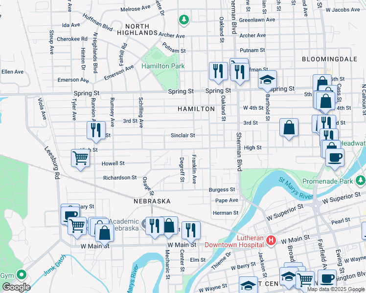 map of restaurants, bars, coffee shops, grocery stores, and more near 1228 High Street in Fort Wayne