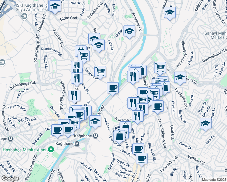 map of restaurants, bars, coffee shops, grocery stores, and more near Cendere Caddesi in Kağıthane