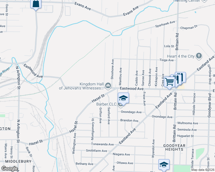 map of restaurants, bars, coffee shops, grocery stores, and more near 1165 Eastwood Avenue in Akron