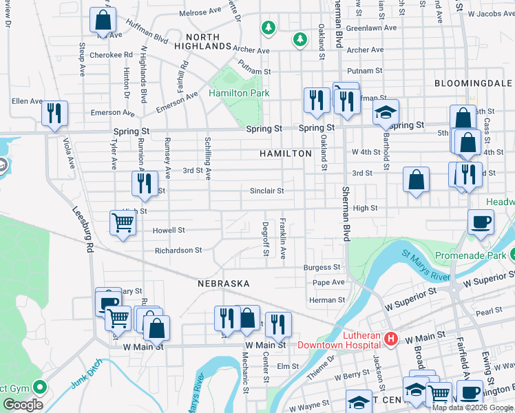 map of restaurants, bars, coffee shops, grocery stores, and more near 1312 High Street in Fort Wayne