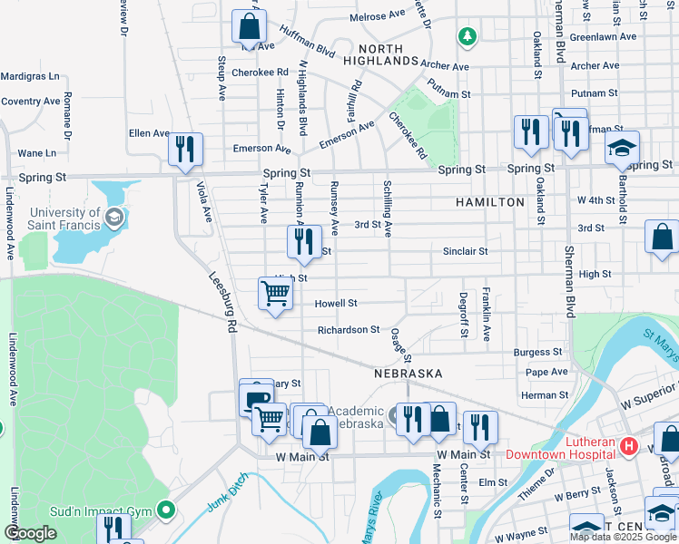 map of restaurants, bars, coffee shops, grocery stores, and more near 1660 High Street in Fort Wayne