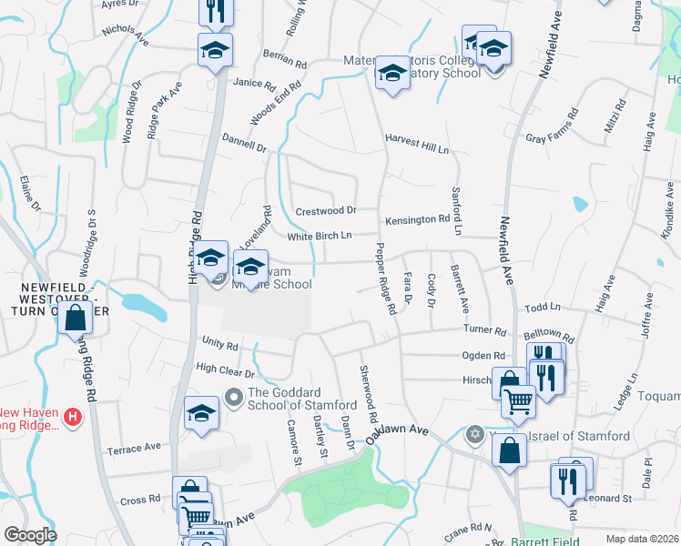 map of restaurants, bars, coffee shops, grocery stores, and more near 215 Silver Hill Lane in Stamford
