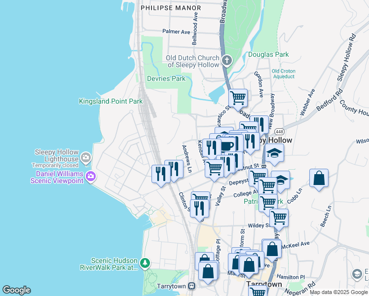 map of restaurants, bars, coffee shops, grocery stores, and more near 55 Elm Street in Sleepy Hollow