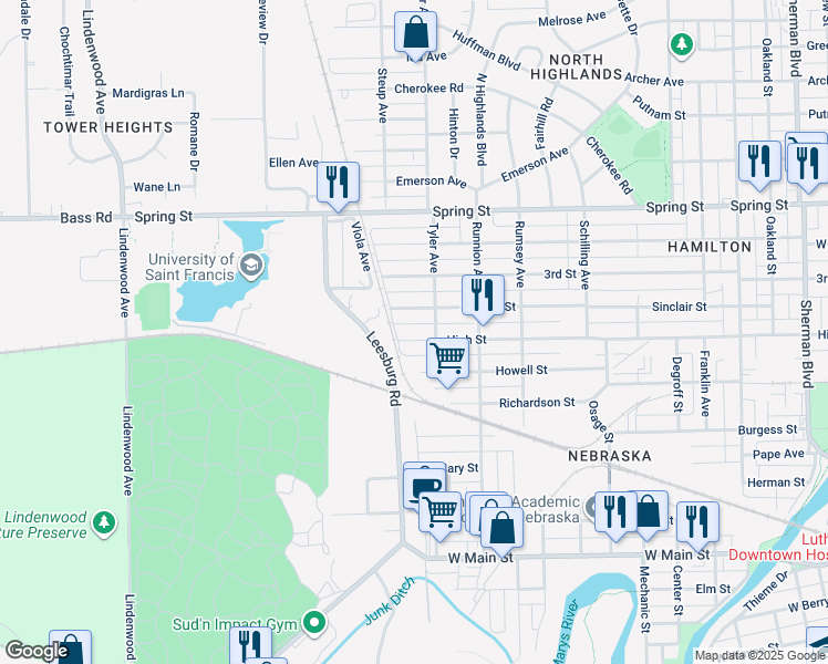 map of restaurants, bars, coffee shops, grocery stores, and more near 1920 High Street in Fort Wayne
