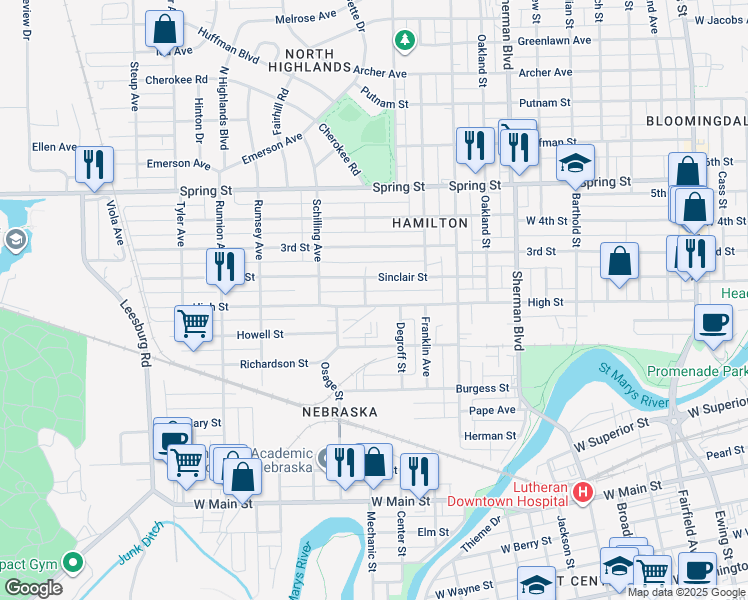 map of restaurants, bars, coffee shops, grocery stores, and more near 1334 High Street in Fort Wayne