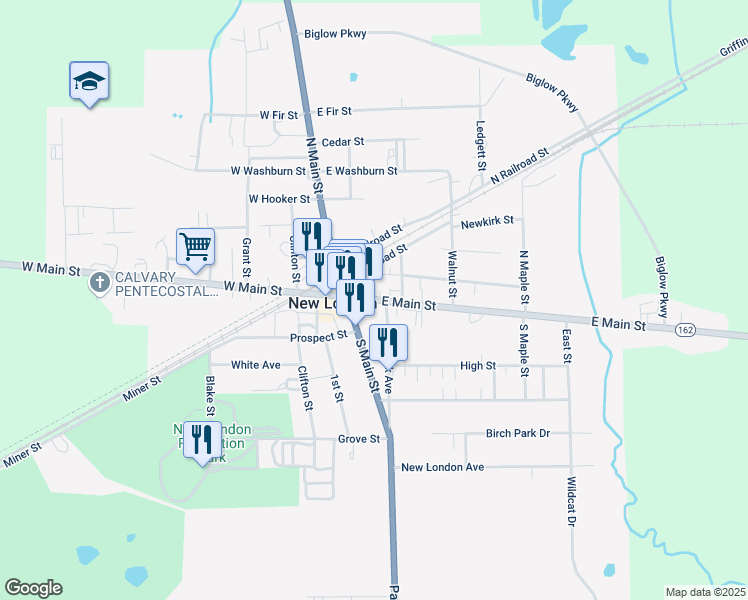 map of restaurants, bars, coffee shops, grocery stores, and more near Ohio 162 in New London