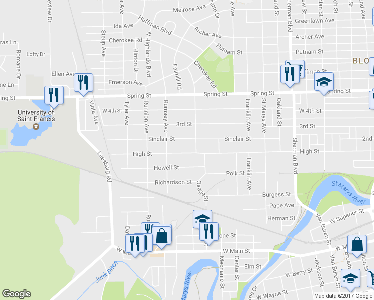 map of restaurants, bars, coffee shops, grocery stores, and more near 1618 High Street in Fort Wayne
