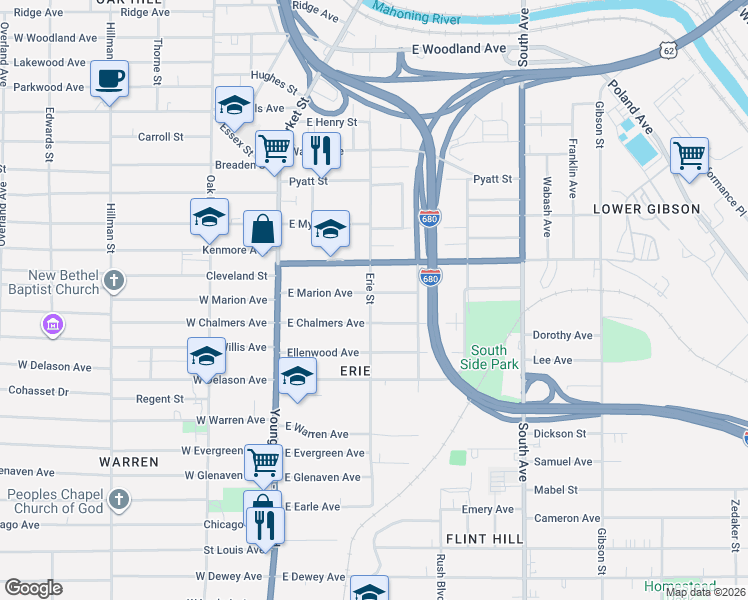 map of restaurants, bars, coffee shops, grocery stores, and more near 119 East Marion Avenue in Youngstown