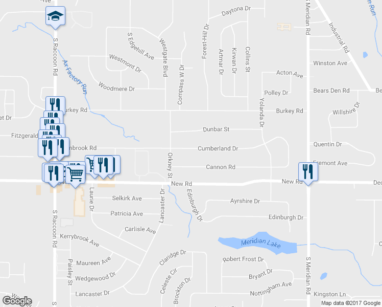 map of restaurants, bars, coffee shops, grocery stores, and more near 3929 Cumberland Drive in Youngstown
