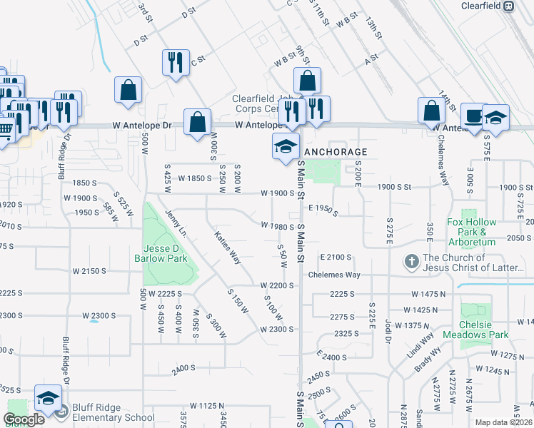map of restaurants, bars, coffee shops, grocery stores, and more near 1961 South 100 West in Clearfield