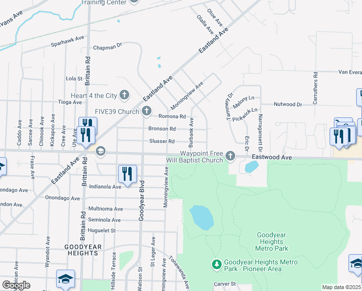 map of restaurants, bars, coffee shops, grocery stores, and more near 1632 Slusser Road in Akron