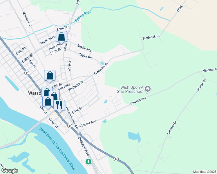 map of restaurants, bars, coffee shops, grocery stores, and more near Harmon Drive in Watsontown