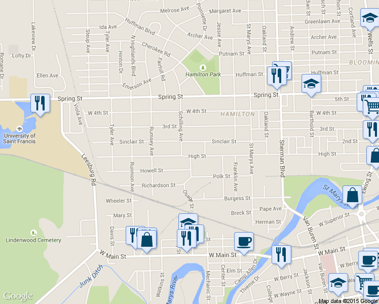 map of restaurants, bars, coffee shops, grocery stores, and more near 1434 High Street in Fort Wayne