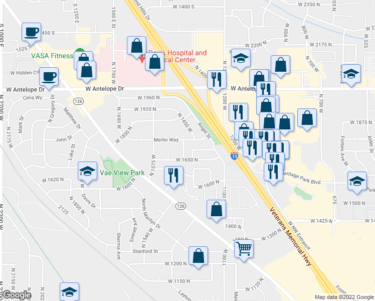 map of restaurants, bars, coffee shops, grocery stores, and more near 1687 North 1450 West in Layton