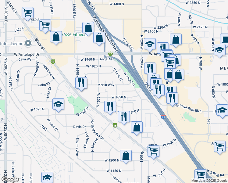 map of restaurants, bars, coffee shops, grocery stores, and more near 1687 North 1450 West in Layton